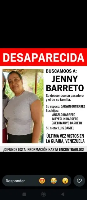 Jenny Barreto y su esposo e hijos están desaparecidos