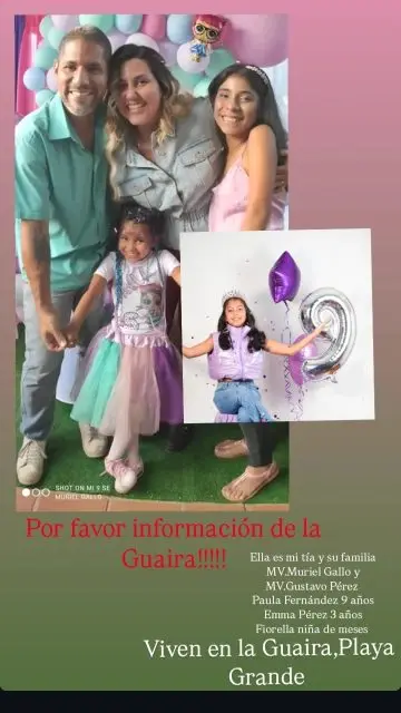 Muriel Gallo Gustavo Pérez Hijas: Paula Fernández 9 años , Emma Pérez 3 años, Fiorella Pérez meses Domingo José y Marlene Gallo